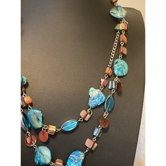Boho Chic Blue & Brown Beaded Chunky Statement Necklace - Picture 2 of 4